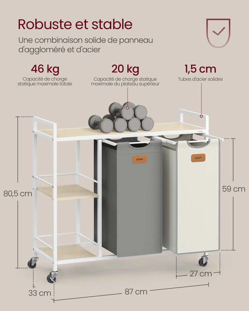 Cesto portabiancheria a 2 scomparti capacità 100 litri cestino con ruote carrello con ripiani sacco e tasche estraibili 6 etichette beige 12_0006652