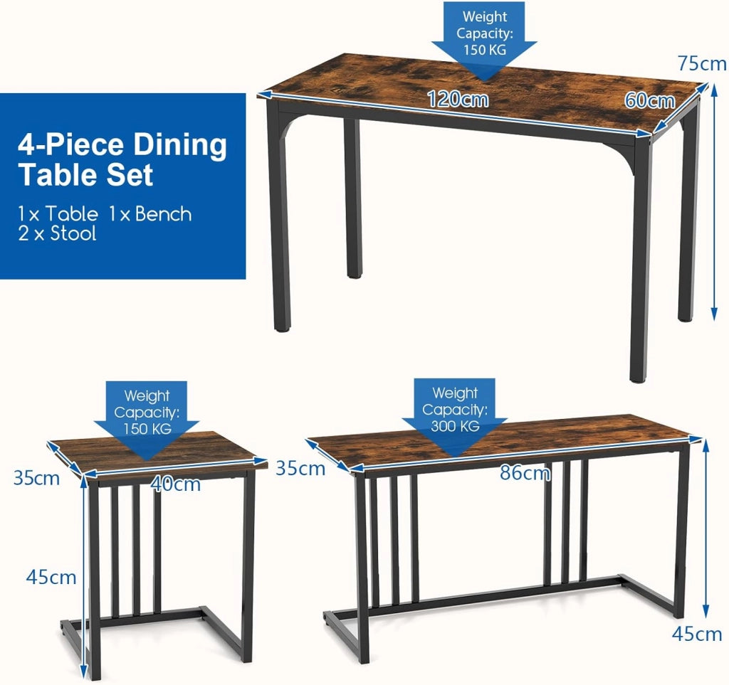 Set tavolo e sedia da pranzo 4 pezzi, tavolo da cucina 4 persone 120 x 60 x 75 con 1 panca e 2 sgabelli, struttura in metallo, per sala da pranzo, soggiorno, caffè (marrone)