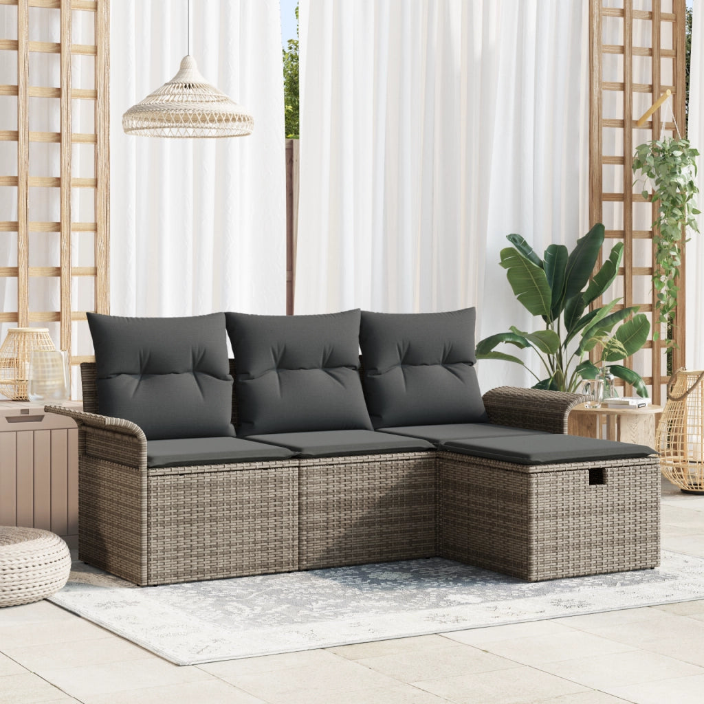 Set Divano da Giardino a 4 Pezzi con Cuscini Grigio Polirattan