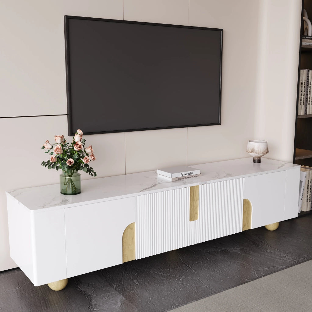 Mobile TV con 4 Ante; Superficie Effetto Marmo; per Soggiorno; in MDF e Pannelli di Particelle; 180×40×44 cm; Bianco e Legno