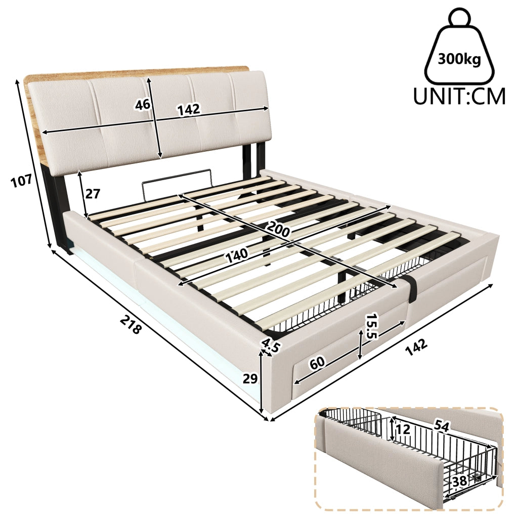 LETTO Contenitore 140x200 cm in lino beige con USB, Type-C e LED