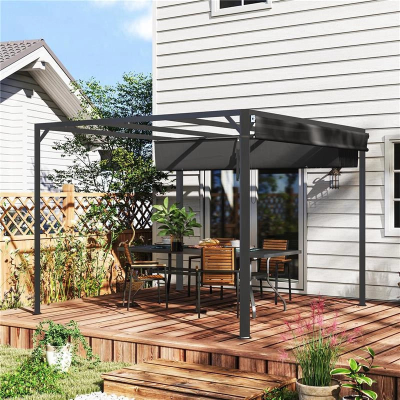 GAZEBO PERGOLA RETRATTILE 3X3 M CON TENDA A RULLO E FORI DI DRENAGGIO IN ACCIAIO E POLIESTERE GRIGIO SCURO