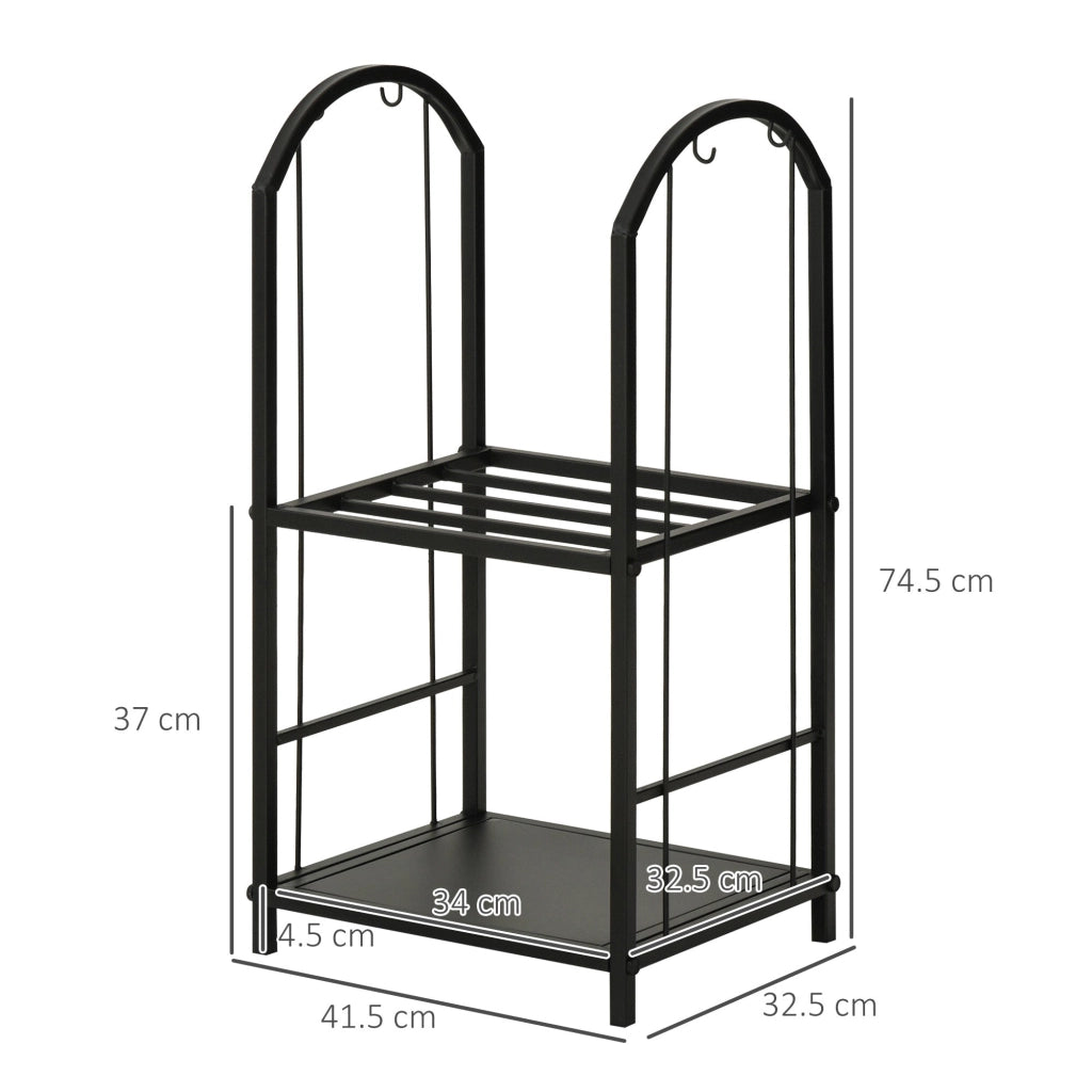 Portalegna per Camino Legnaia a 2 ripiani in Metallo 41,5x32,5x74,5 cm Max 60Kg con attrezzi Nero