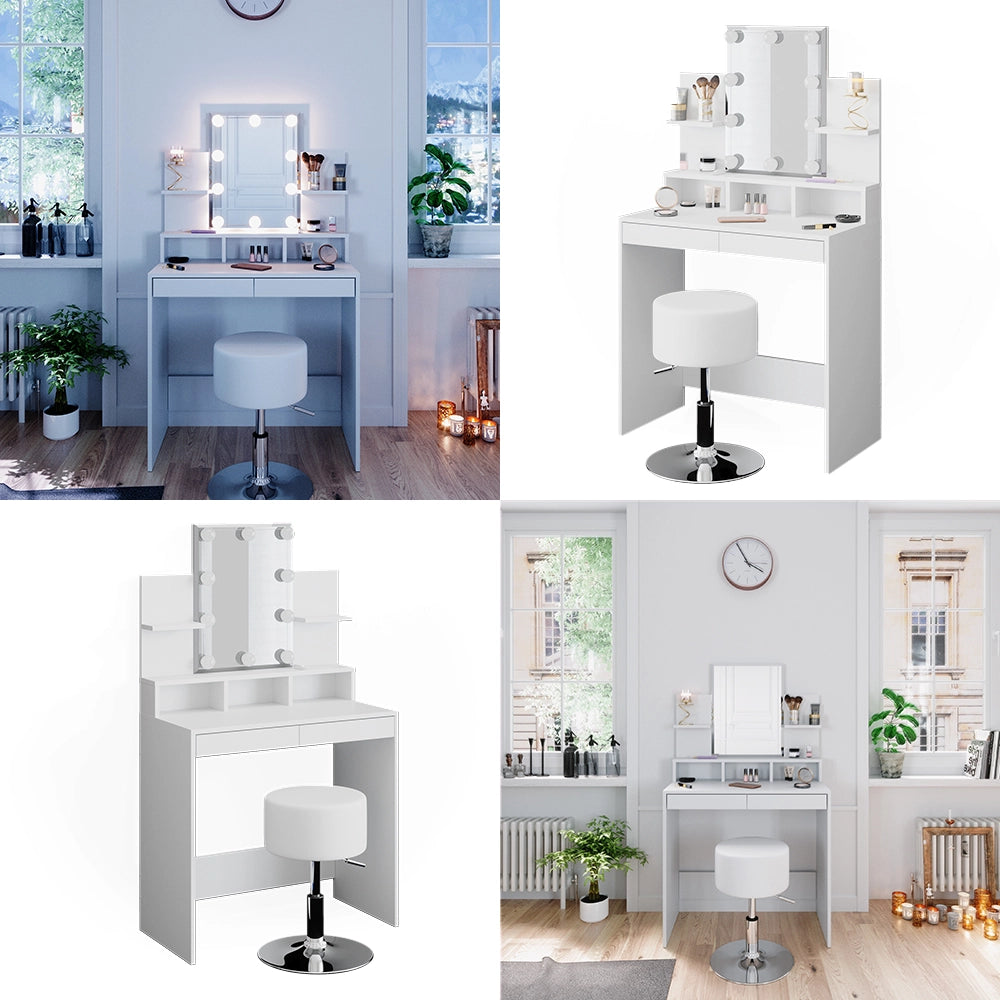 Vicco Tavolo da toeletta Bianco 80 cm con illuminazione LED e sgabello