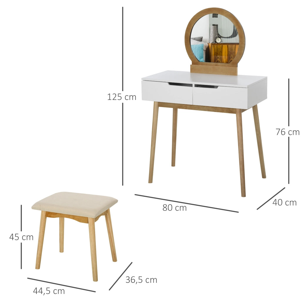 Scrivania con Specchio e Sgabello ¨C Xylo ¨C Bianco Legno Pino Chiaro 2 Cassetti