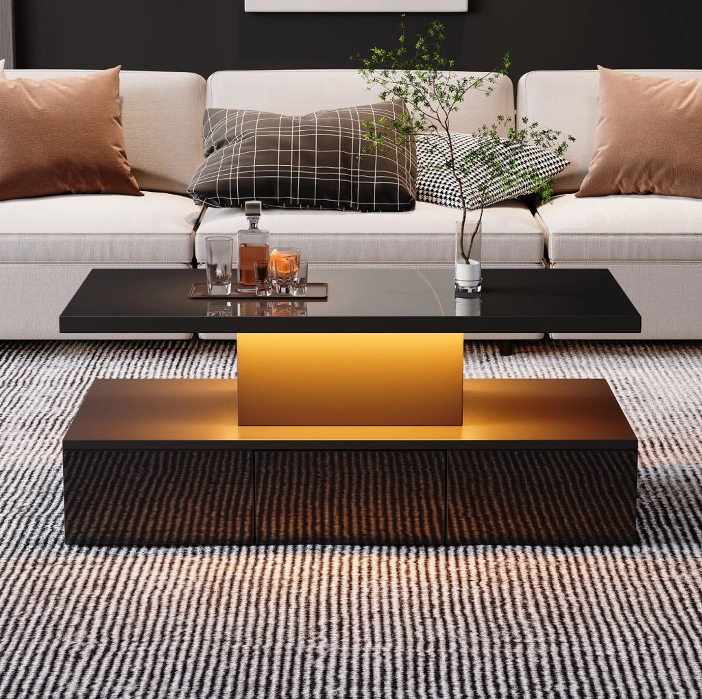 Tavolino da salotto moderno nero 100 x 50 x 39 cm con LED dimmerabile e spazio contenitivo