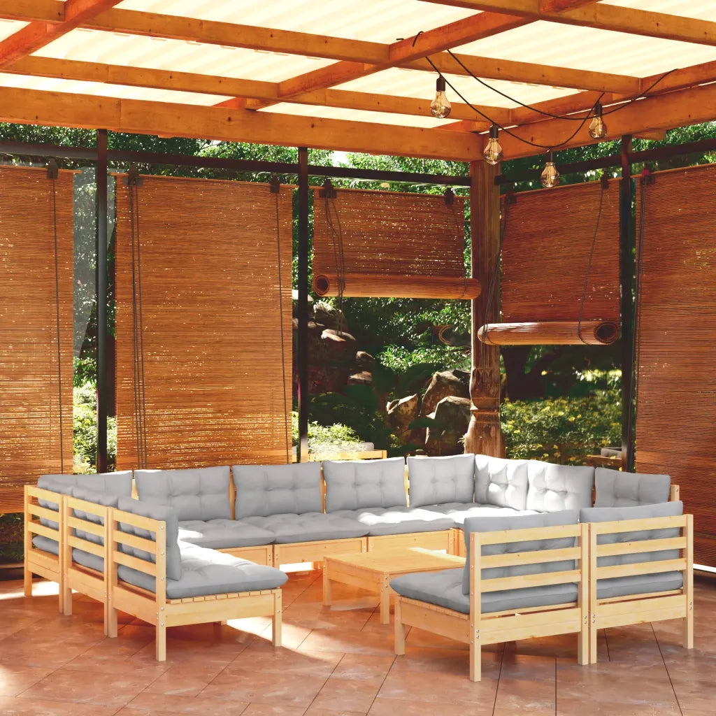 Set Divani da Giardino 12 pz con Cuscini Grigi Massello di Pino cod mxl 42623