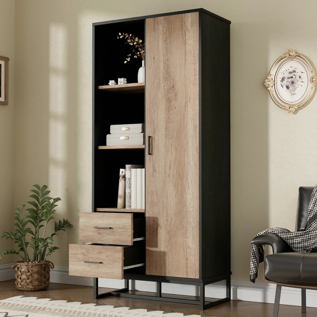 Armadio contenitore con 1 anta 2 cassetti e 3 vani aperti, per soggiorno ufficio e ingresso, 80 × 40 × 180 cm