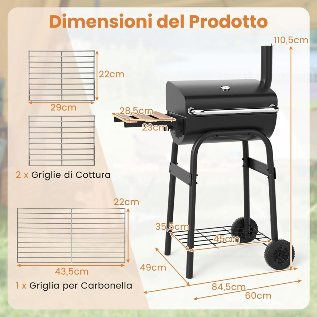 Barbecue a Carbonella con Ruote, Griglia a Carbone da Esterno con Coperchio, Termometro, Tavolo Pieghevole e Manico in Acciaio Inox, Barbecue Portabile per Giardino, Campeggio e Picnic