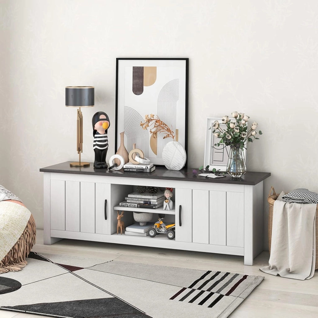 Mobile TV basso per TV fino a 65 pollici, supporto per TV con 2 armadi e 2 ripiani aperti, mobile TV per soggiorno, sala da pranzo, camera da letto (bianco + marrone)