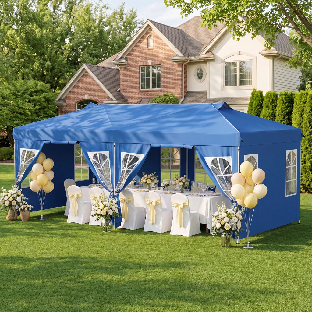 Gazebo da esterno pieghevole 3 x 6 m con pareti rimovibili striscie riflettenti sacchi di sabbia, Tendone pop up regolabile in altezza Blu