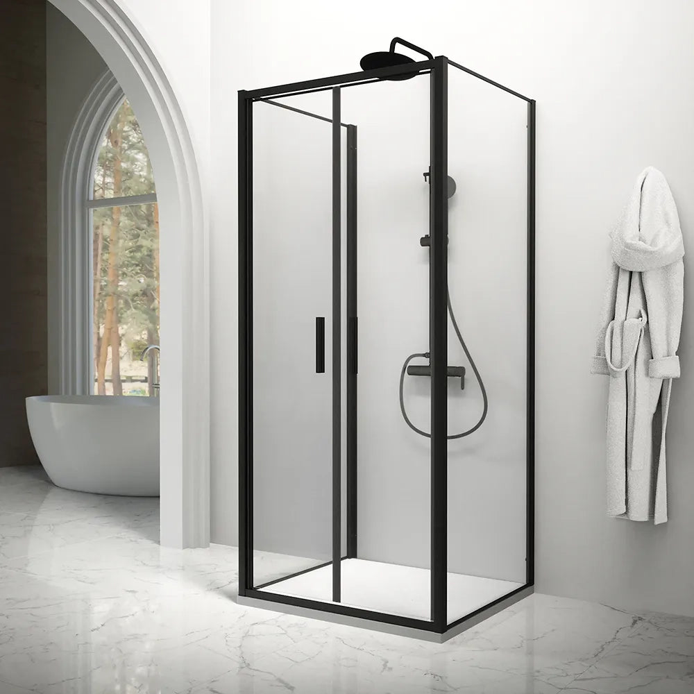 Box doccia tre lati 70x100x70cm con porta saloon profili nero opaco e vetro 6mm trasparente h190 | Portofino