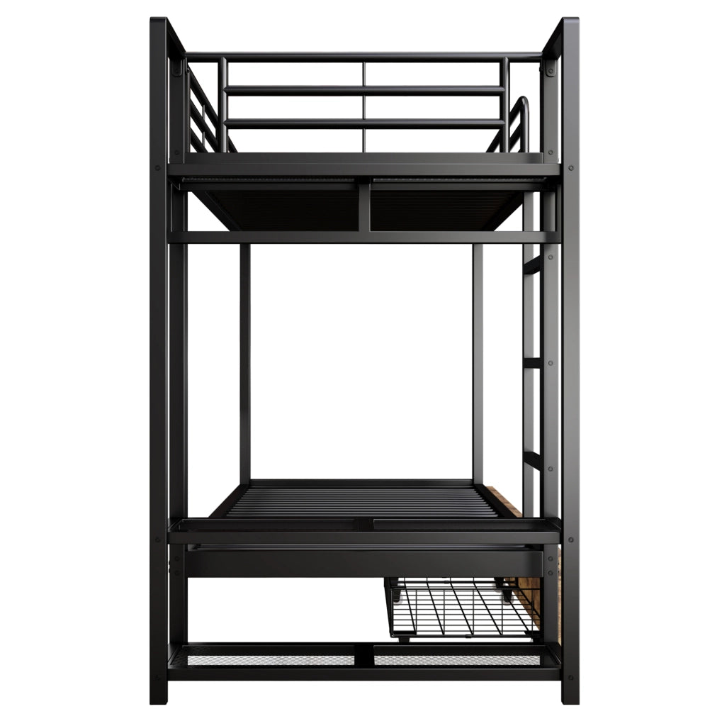 Letto a castello ULEVR 90x200 cm con LED controllabile tramite app, 2 cassetti e ripiani, nero