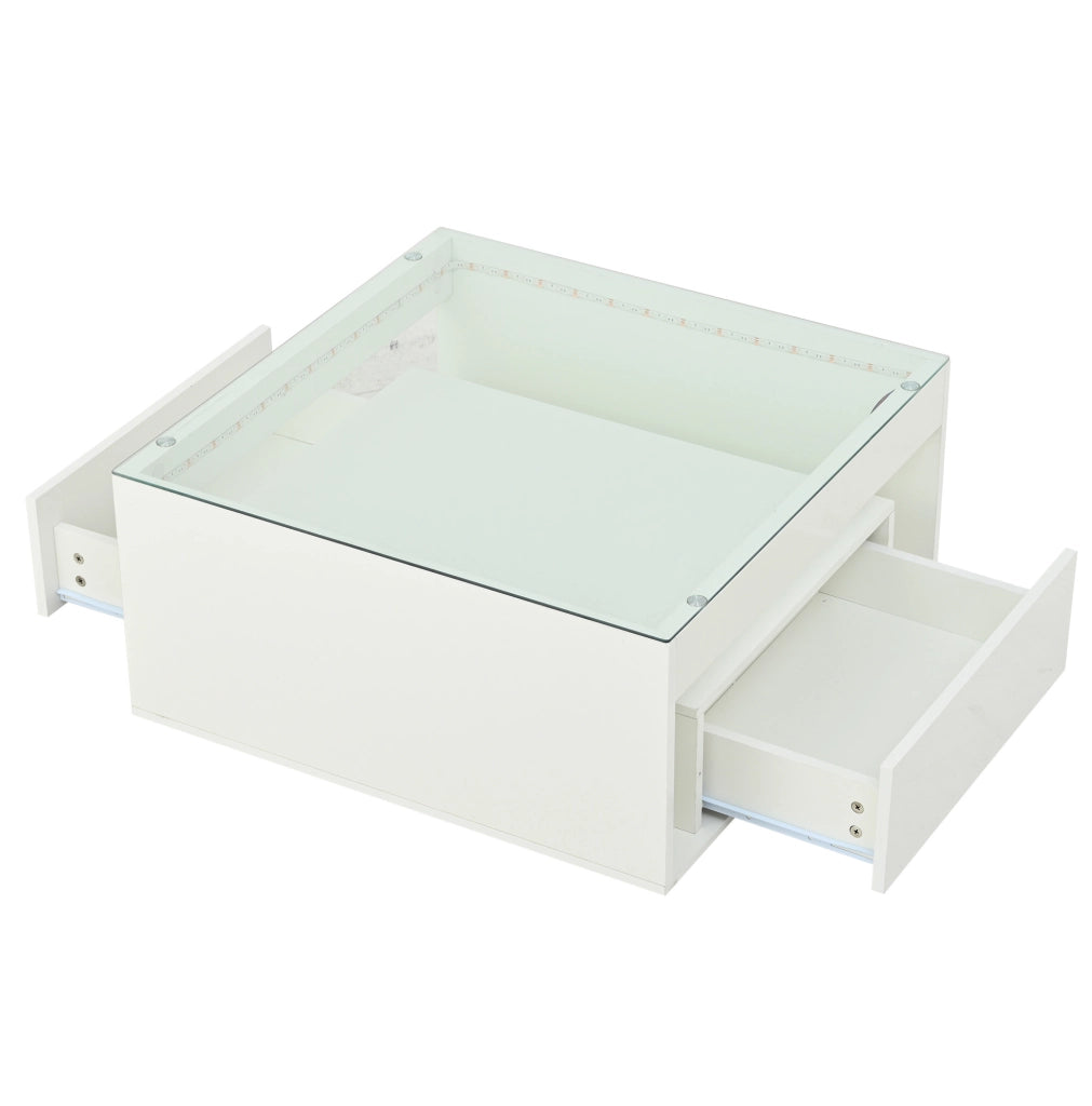 Tavolino da salotto 70 x 70 x 35 cm in MDF bianco con piano in vetro temperato; LED e 2 cassetti