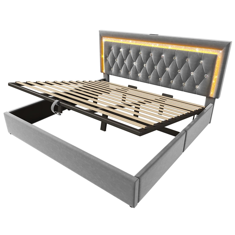 Letto imbottito-Xylo-180x200cm LED diamante USB-C idraulico velluto grigio senza materasso