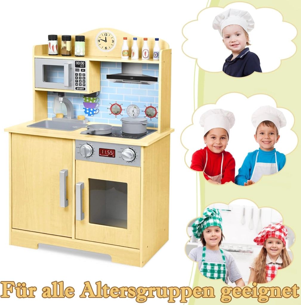 Cucina giocattolo per bambini in legno con piano cottura, forno a microonde, rubinetto, lavandino e accessori da cucina, giocattolo per bambini a partire dai 3 anni, 56 x 28,5 x 92 cm