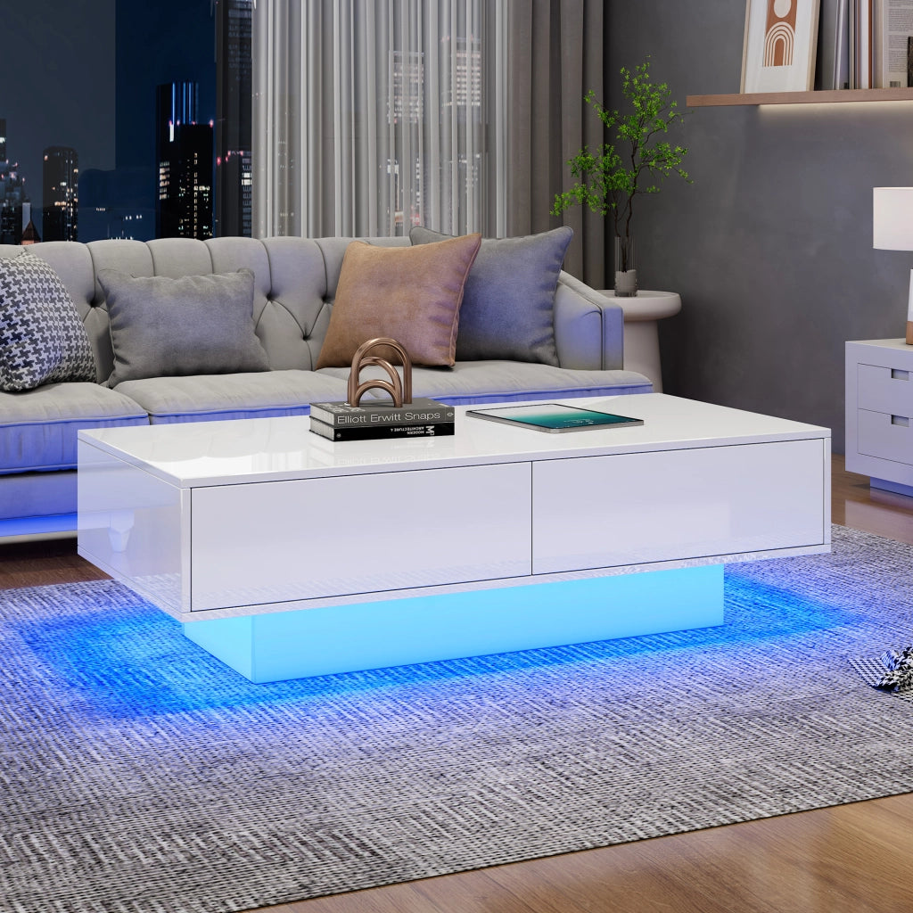 Tavolino da Salotto con 2 Cassetti e LED; Bianco Lucido; Stile Moderno; in Pannello Truciolare; Bianco