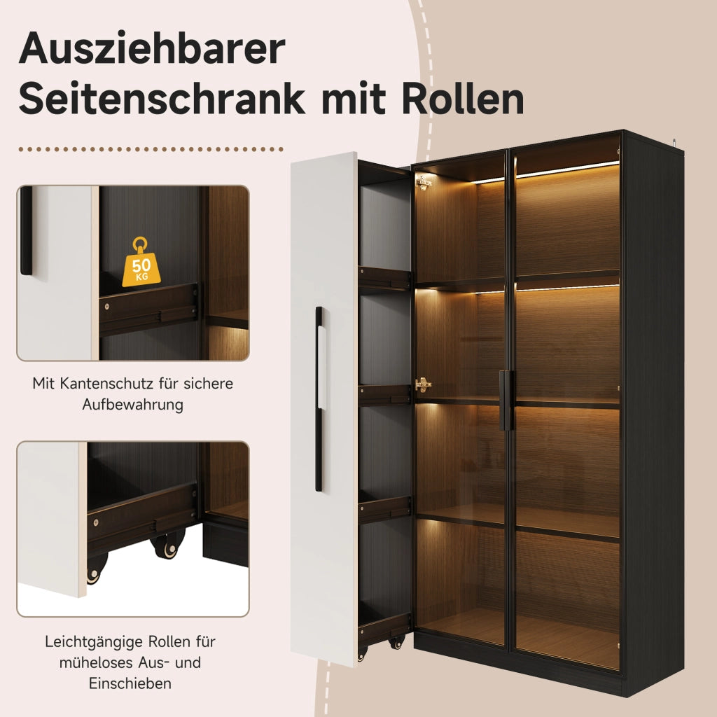 Vetrina con Porta in Vetro e LED; con Ripiano Laterale Estraibile; Stile Moderno; in MDF e Vetro; Nero; 110;5??35??160 cm