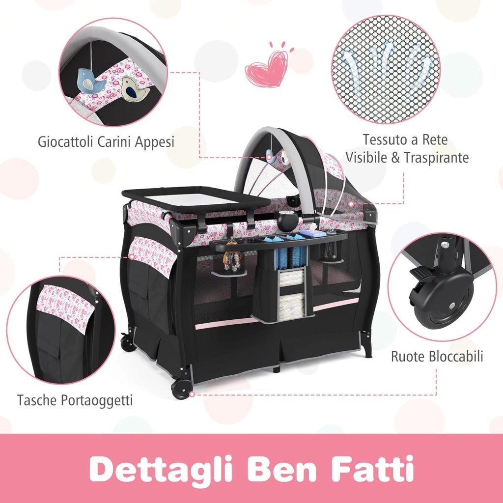 4 in 1 Lettino Neonato con Materasso, Culla da Campeggio con Fasciatoio Cappottina Regolabile, Ruote Bloccabili, Box Piechevole per Bambini 0-36 Mesi (Fiore Grande)