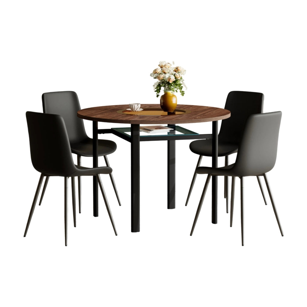 Set tavolo da pranzo e sedie con 1 tavolo rotondo e 4 sedie con ripiano in vetro; metallo e PU marrone e nero