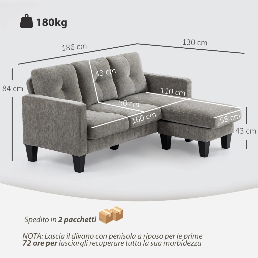 Divano Angolare 3 Posti in Tessuto ¨C Minimal ¨C Tortora 186x130x84 cm