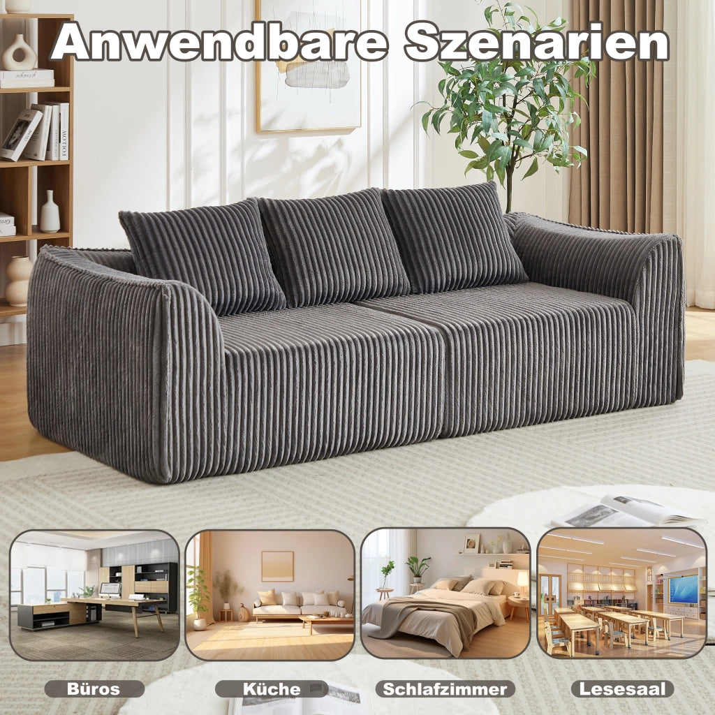 Divano modulare in corduroy con linee curve e schienale avvolgente, seduta ampia e due cuscini per soggiorno grigio