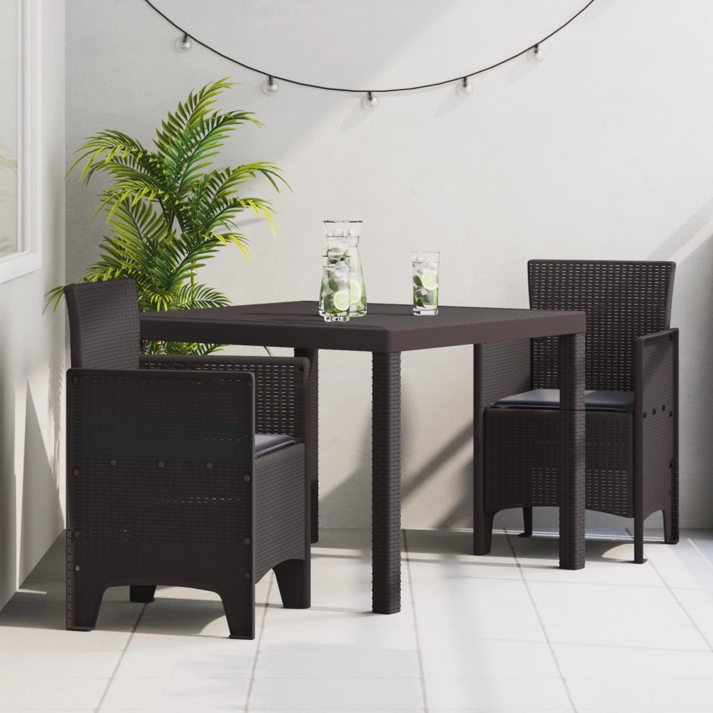 Set da pranzo da giardino in 3 pezzi con cuscini in polyrattan marrone