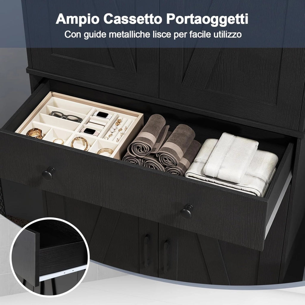 Credenza Alta da Cucina, Mobile Dispensa in Legno con 3 Ripiani Regolabili, 1 Cassette e 4 Ante, Armadio Moderno per Cucina, Soggiorno, Sala da Pranzo, 77 x 39 x 183 cm (Nero)