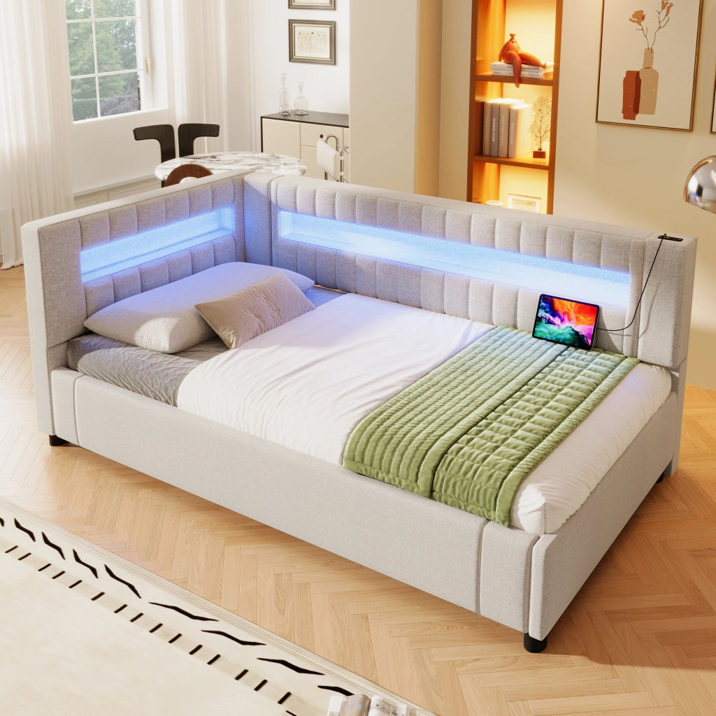 OKWISH Letto Divano 90×200 cm, Letto Singolo con Contenitore Idraulico, LED Regolabile e USB e Tipo C, senza Materasso, in Lino, Beige