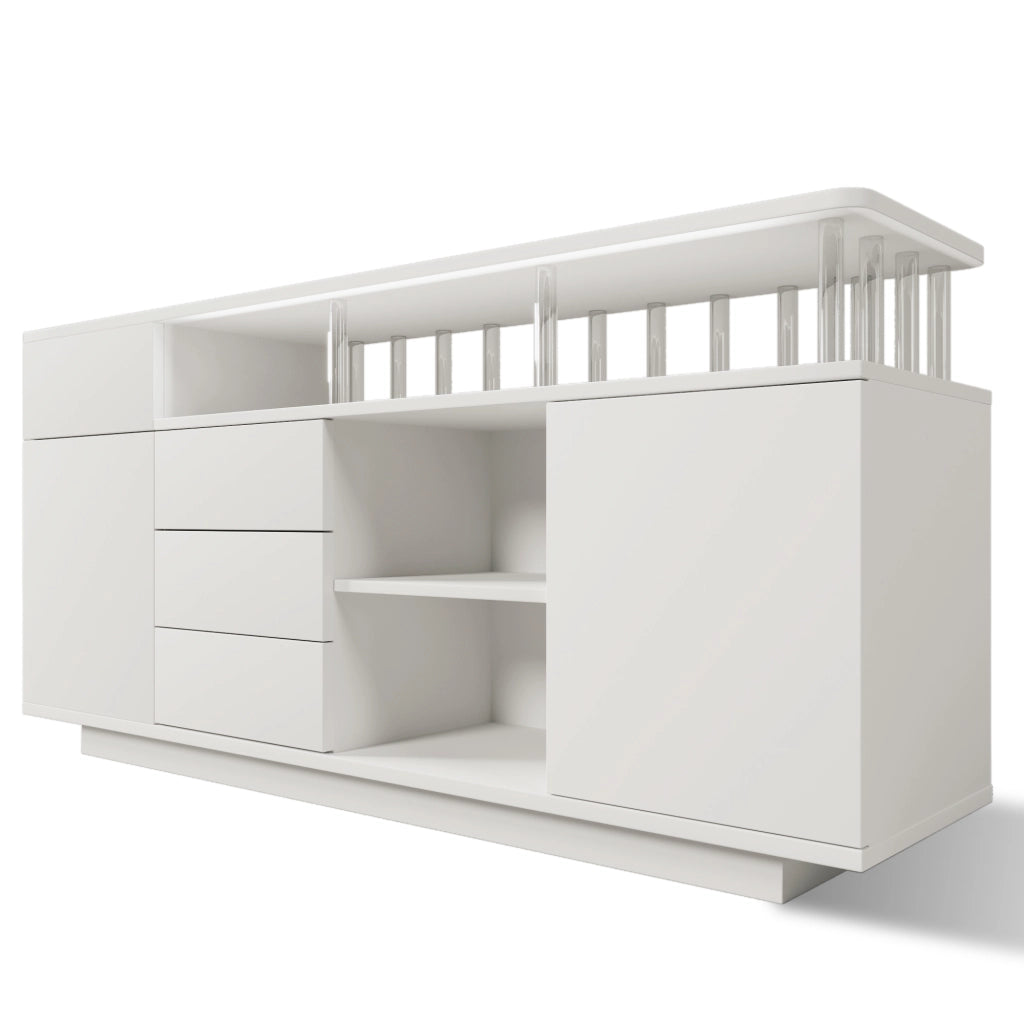Credenza bianca 160x40x75 cm con LED, 4 cassetti, 2 ante e ripiani regolabili
