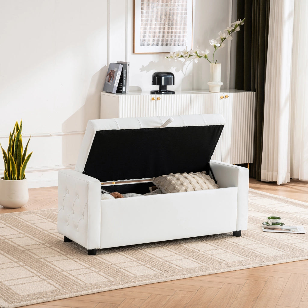 Panca contenitore rettangolare con seduta imbottita e vano portaoggetti, in legno e tessuto bianco 122 × 45 × 47 cm