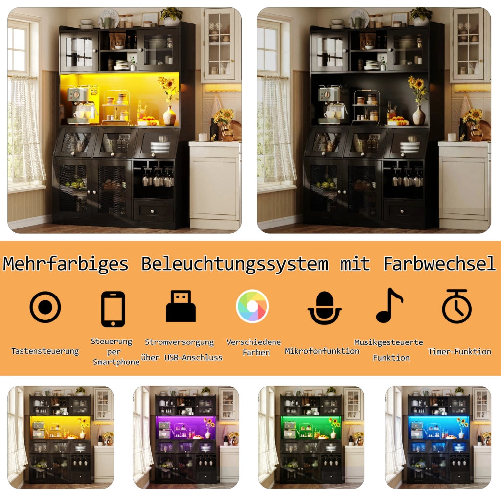 Credenza da cucina nera con LED, USB e ante in vetro