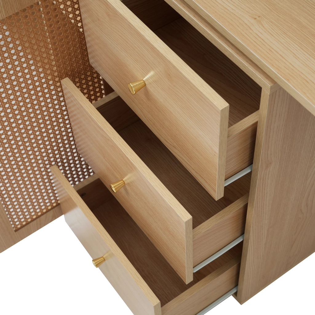 Scrivania angolare con mobile contenitore e piano girevole a 360°, 3 vani e ripiani regolabili, per ufficio, in MDF naturale, 126 × 40 × 75 cm