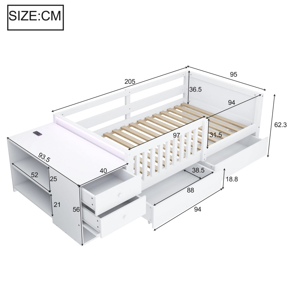 Letto per bambini 90x200 cm bianco; struttura in metallo e MDF con LED