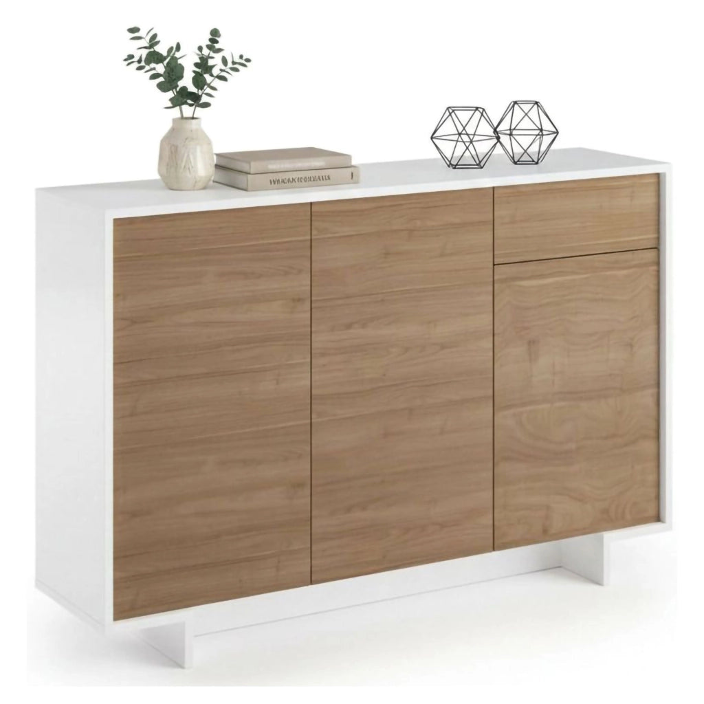 Credenza Arius, Madia da salotto, Buffet da soggiorno a 3 ante e 1 cassetto, 100% Made in Italy, 134x35h87 cm, Bianco e Rovere