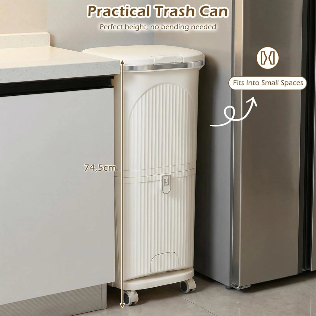 Pattumiera da cucina a 3 scomparti, 38 l, pattumiera con ruote, pattumiera a pedale con coperchio, pedale e manico, a doppio piano, in plastica, sistema di raccolta differenziata della