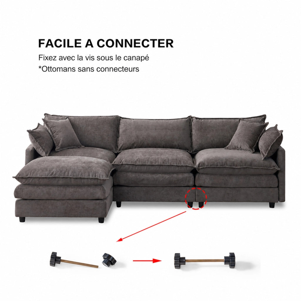 Divano angolare modulare con chaise longue e pouf, tessuto chenille grigio, struttura in legno massiccio, 3 posti