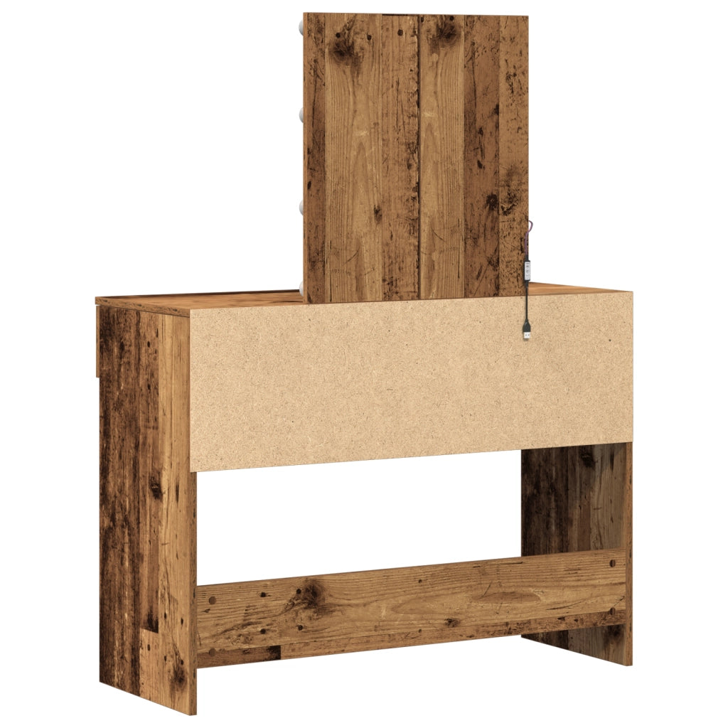 Tavolo da trucco con specchio e luci LED in legno vecchio