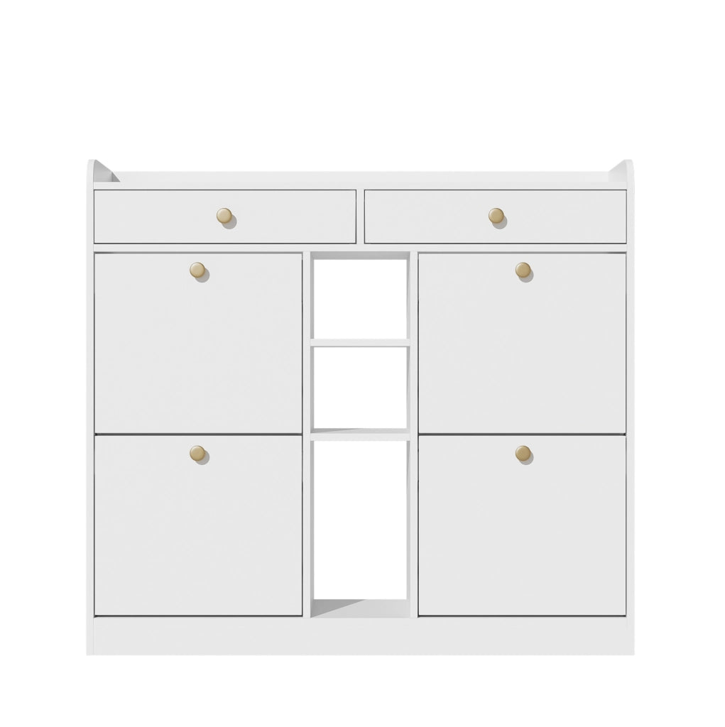 Scarpiera bianca con 4 ante a ribalta; 2 cassetti e 3 vani aperti; 110x26x100 cm
