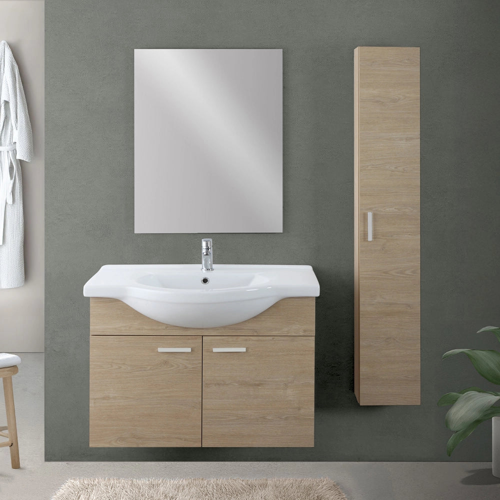 Mobile bagno sospeso 80 cm Rovere Dolomite completo di lavabo e specchio Desya