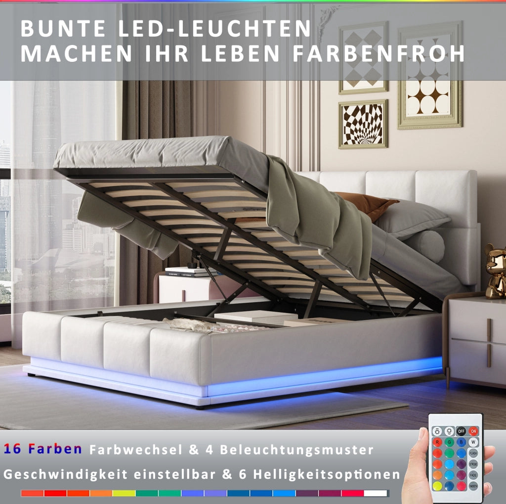 Letto matrimoniale 140x200 cm con LED; contenitore idraulico e rivestimento in similpelle bianco