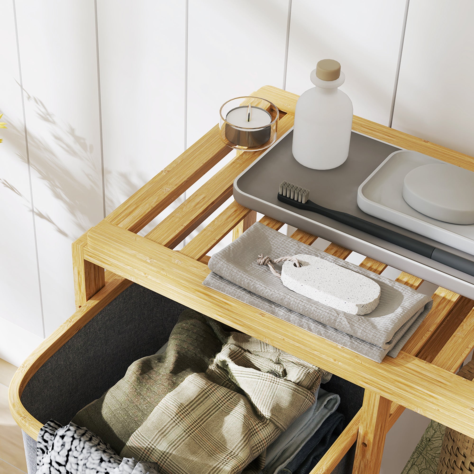 Cesto Portabiancheria 50x32x70 cm con Borsa Estraibile e Ripiano in Bambù Grigio