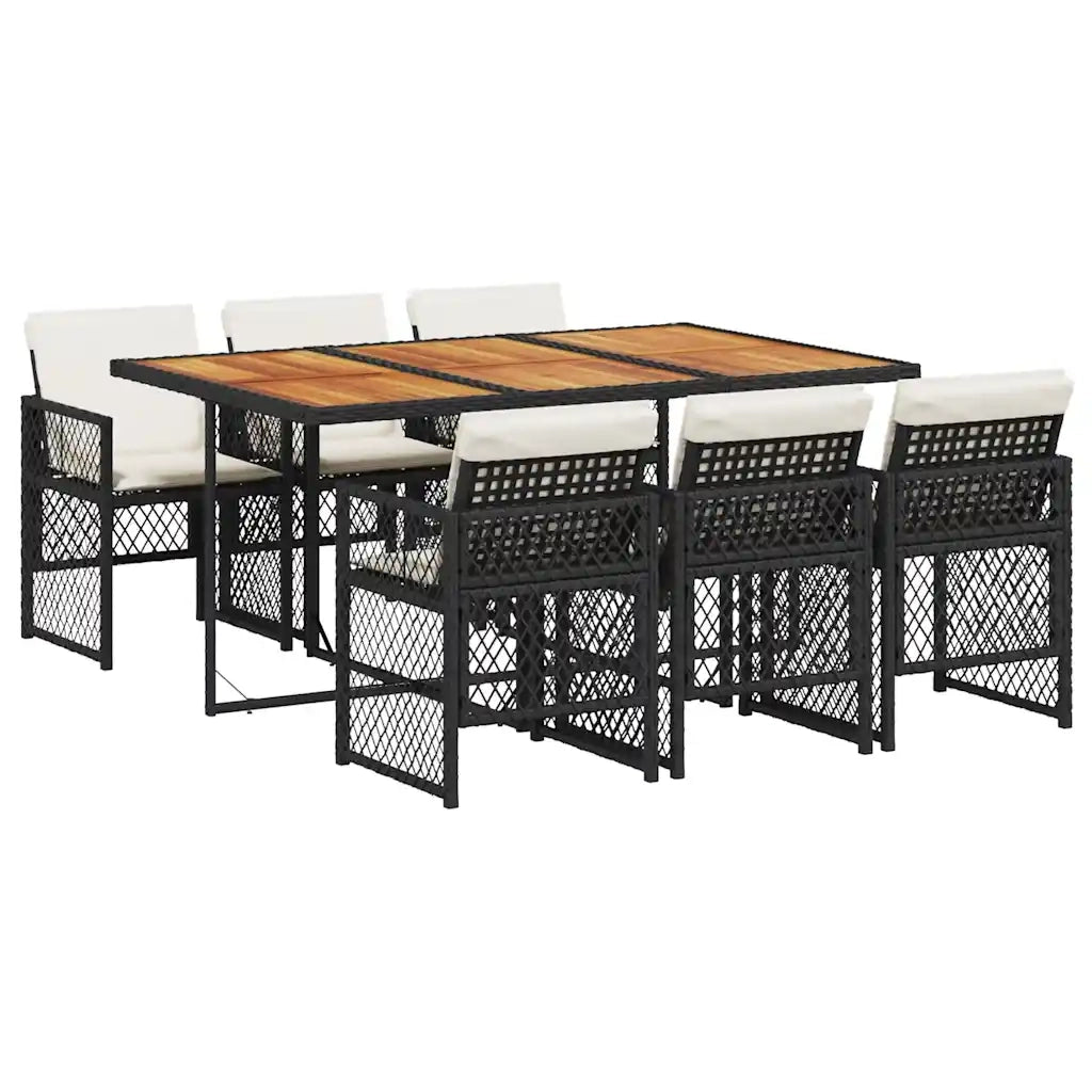 Set da Pranzo da Giardino 7 pz Nero con Cuscini in Polyrattan