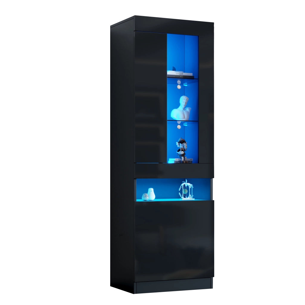 Vetrina con led e 1 anta semicoperta, 2 ripiani in vetro e vani aperti, stile moderno, per soggiorno e ufficio, nero, 50 × 40 × 180 cm