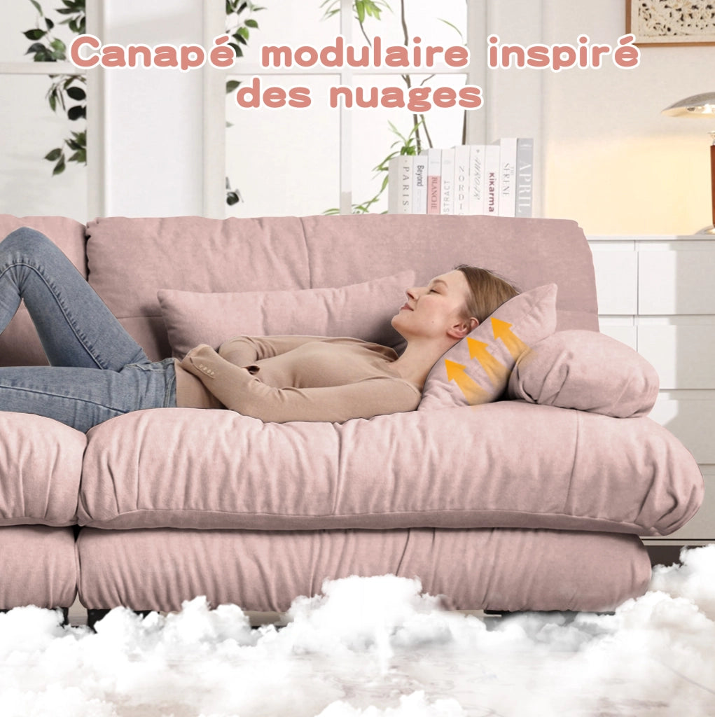 Divano angolare Cloud in chenille rosa con 2 cuscini lombari, 2 cuscini decorativi e 2 pouf mobili