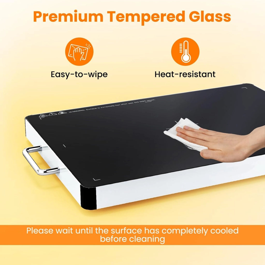 Vassoio Scaldavivande Elettrico 400 W, Scalda Vivande Temperatura Regolabile 30-120℃, Vassoio 53 X 40 CM, con Maniglia Cool-Touch, Superficie in Vetro Temperato, per Famiglia, Feste, Picnic