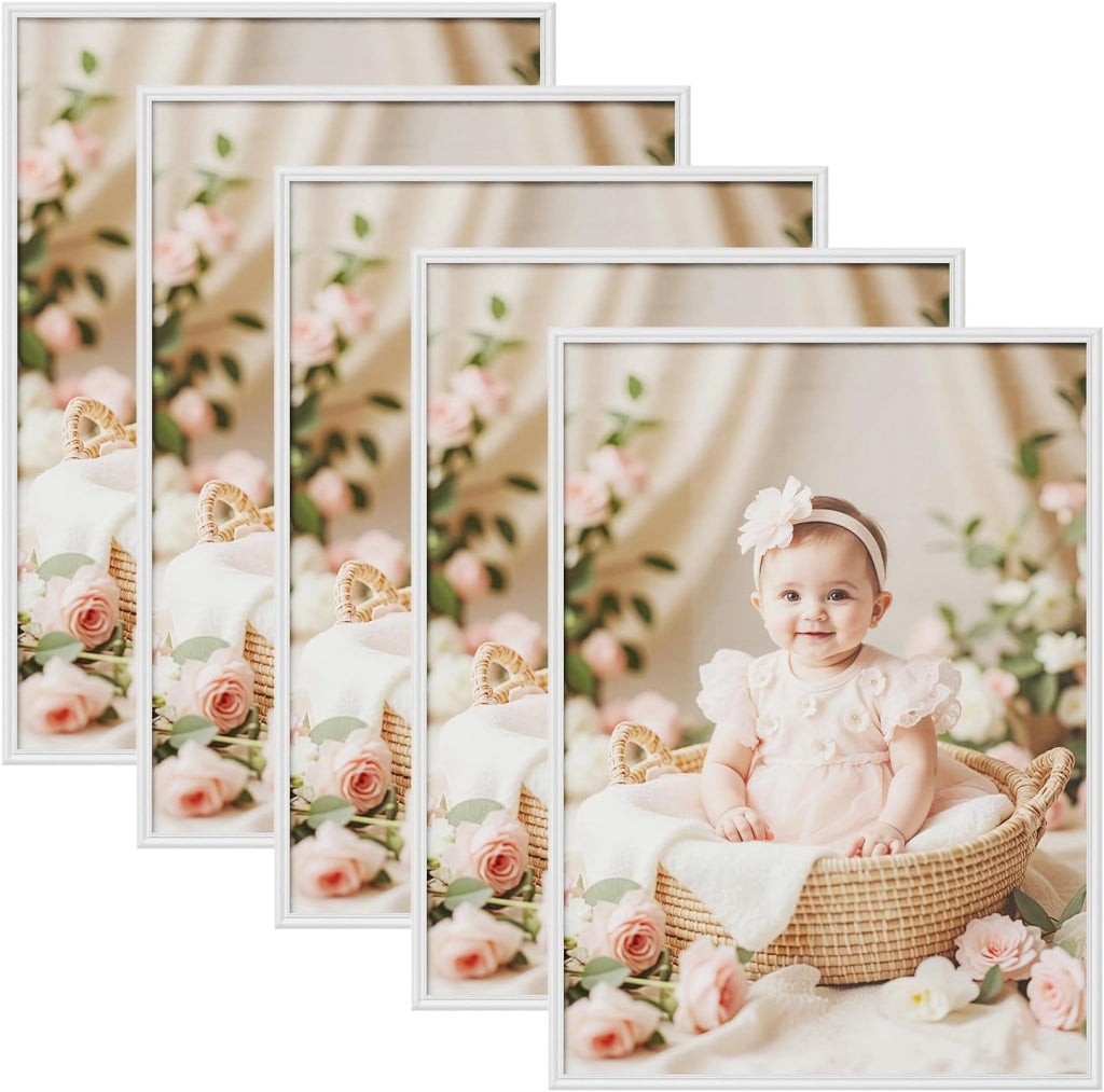 Set di 5 Cornici Foto 50x70 cm con Passepartout, Portafoto da Parete e Tavolo, Verticale o Orizzontale, in Legno Massiccio, Bianco