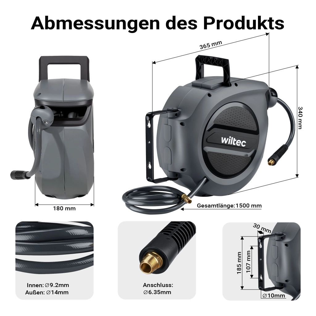 Avvolgitubo automatico per aria compressa 15 m, avvolgitubo in acciaio, 17 bar, con supporto girevole a 180°