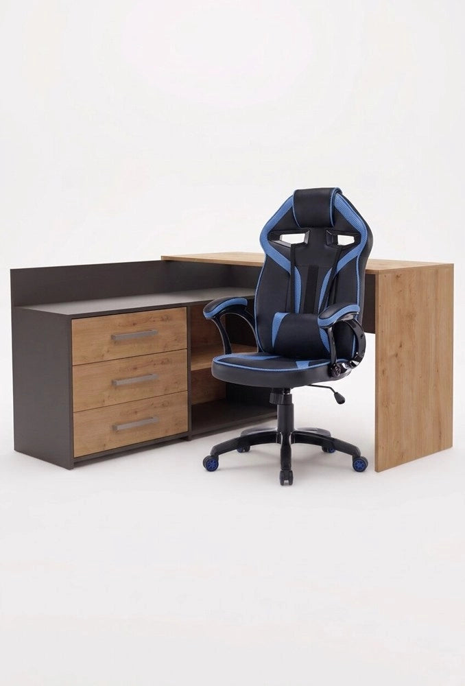 Set scrivania DANY angolare antracite e rovere artisan + poltrona DRIFT blu