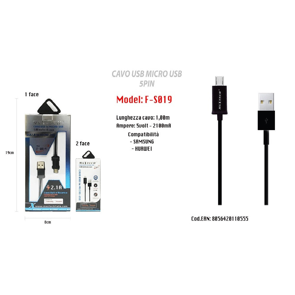 Trade Shop - Cavo Micro Usb 5pin Smartphone Samsung Huawei Cavetto Di Ricarica Maxtech F-s019 -